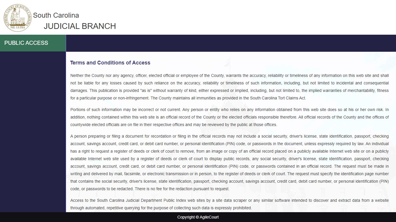 Public Access- AgileCourt Terms and Conditions - South Carolina